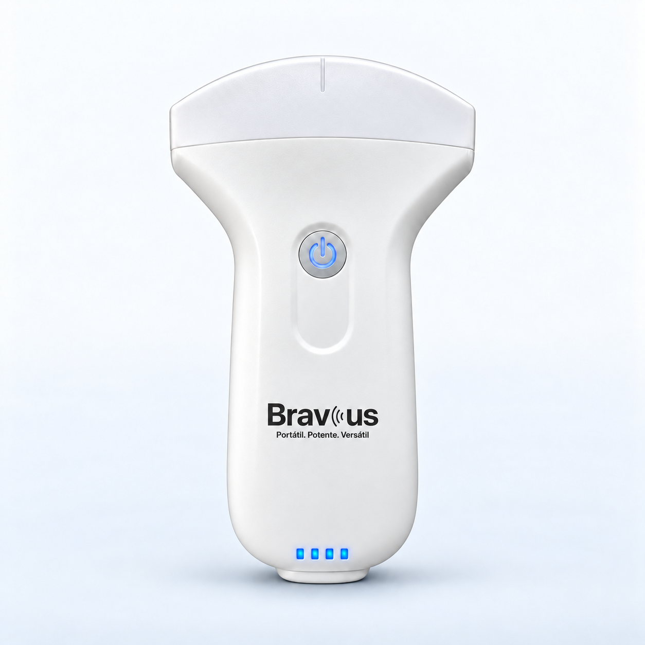 Ecógrafo Bravus Tactical Convex blanco con marca negra y luces azules, fotografía de estudio completa